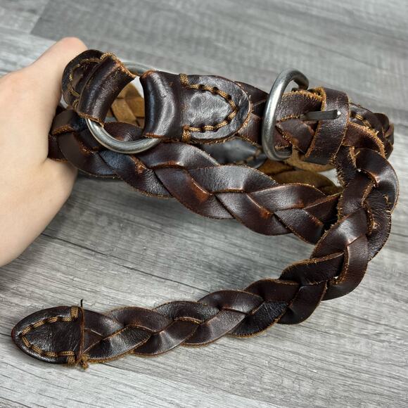 Y2K Brown Distressed Leather Woven Braided O-Ring Belt - Picture 1 of 8